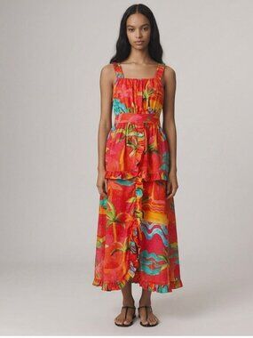 FARM Rio  Red Ipanema Midi Dress XL Ruffle Tropical Resortwear